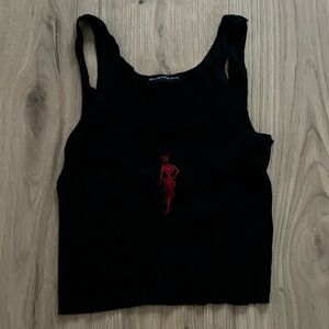 Brandy Melville Black Ribbed Tank with Red Devil Embroidery – One Size
